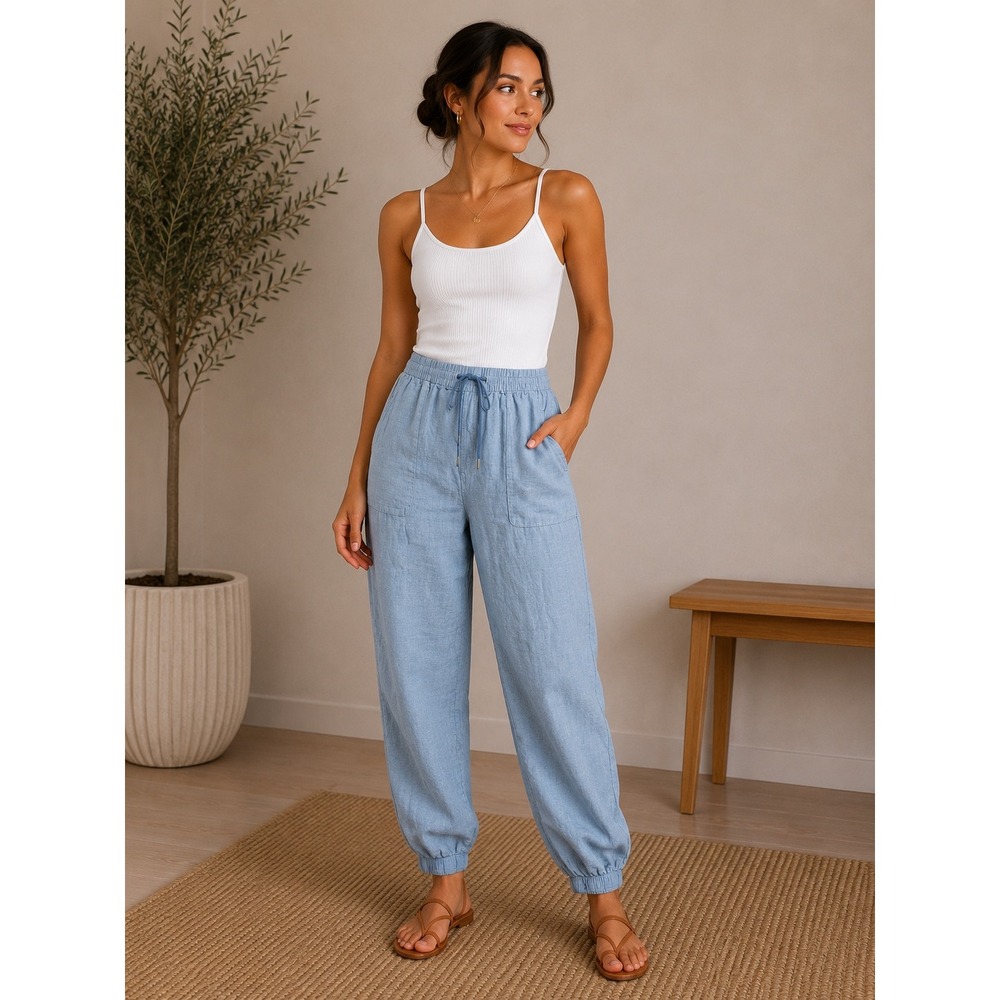Athleta Cabo Linen Jogger Pants Blue 531704-00 Womens Size 16 SP23